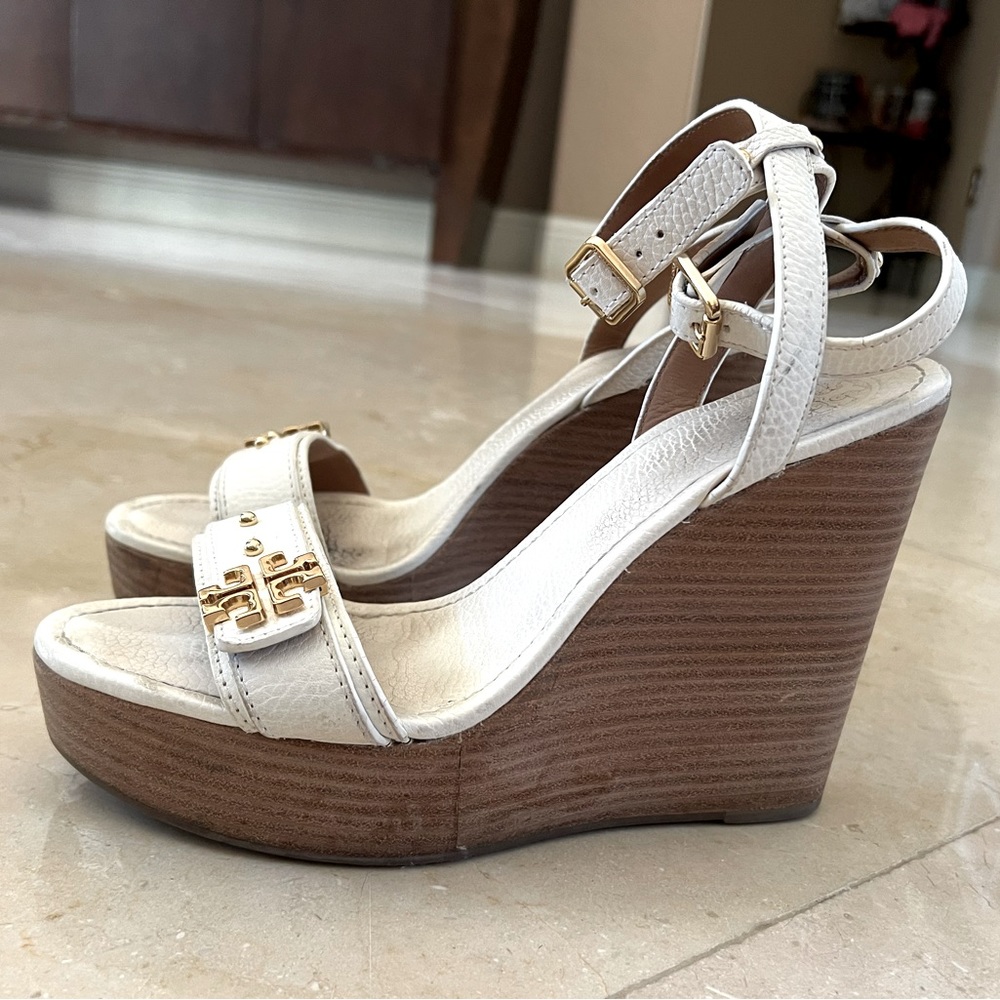 Tory Burch White Platform Wedge Sandals Size 10